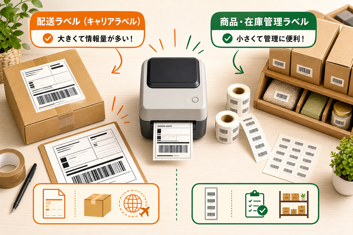 配送ラベルと商品・在庫管理ラベルをラベルプリンターの左右で比較したイラスト