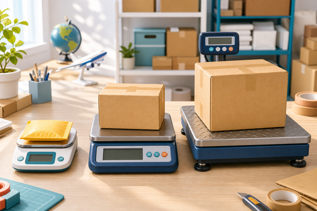 小物用、卓上用、大型荷物用の3種類の発送用デジタルスケールを並べたイラスト