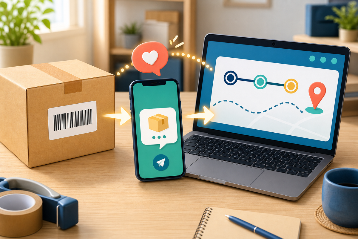 荷物の追跡情報をスマートフォンで購入者へ伝え、配送状況を確認する流れのイラスト