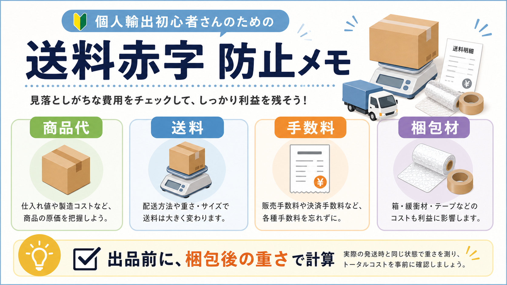 送料赤字を防ぐための商品代、送料、手数料、梱包材の図解