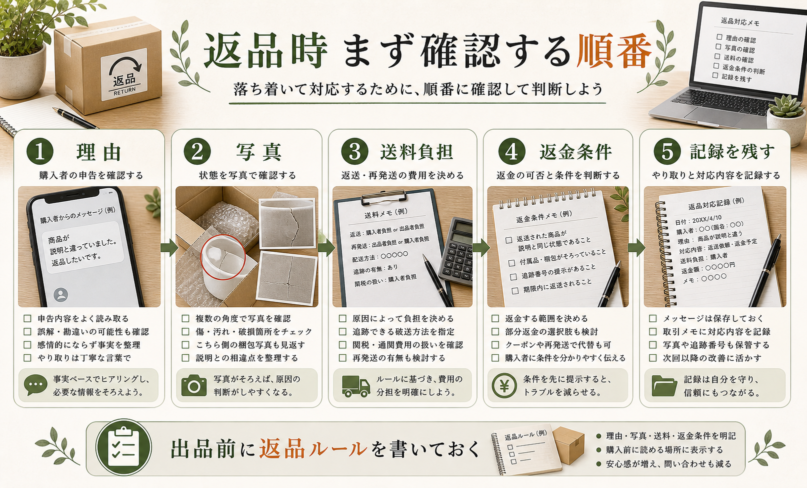 海外販売の返品対応を理由、写真、返送料、再発防止に分ける図解