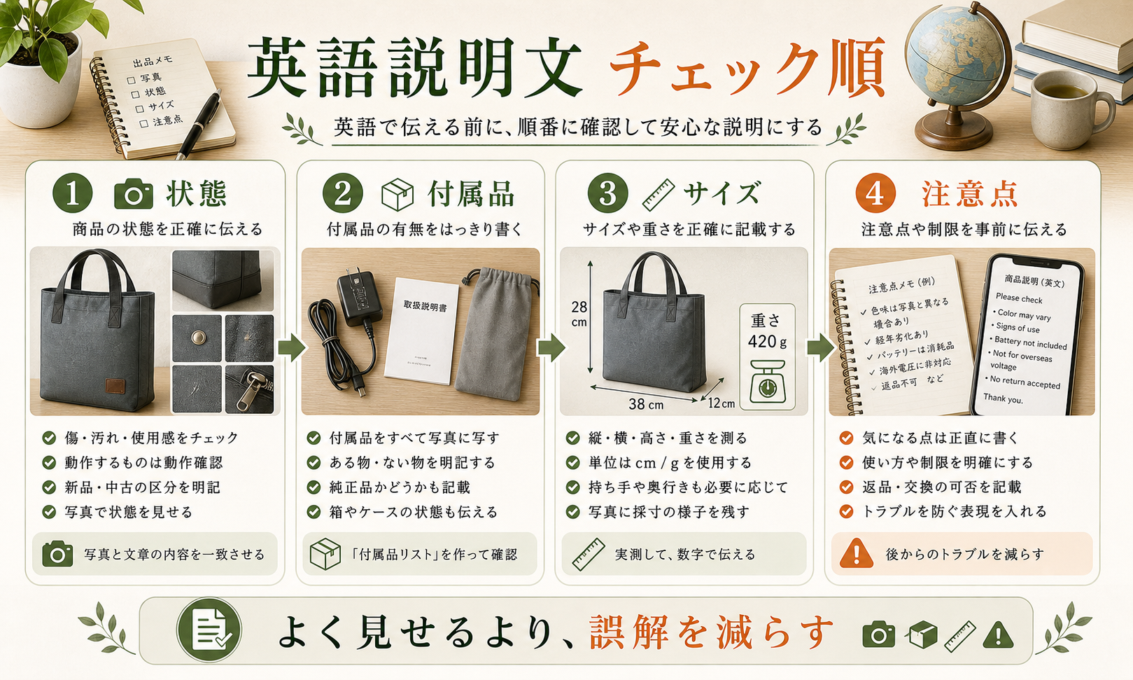 英語の商品説明を状態、サイズ、付属品、発送条件に分ける図解