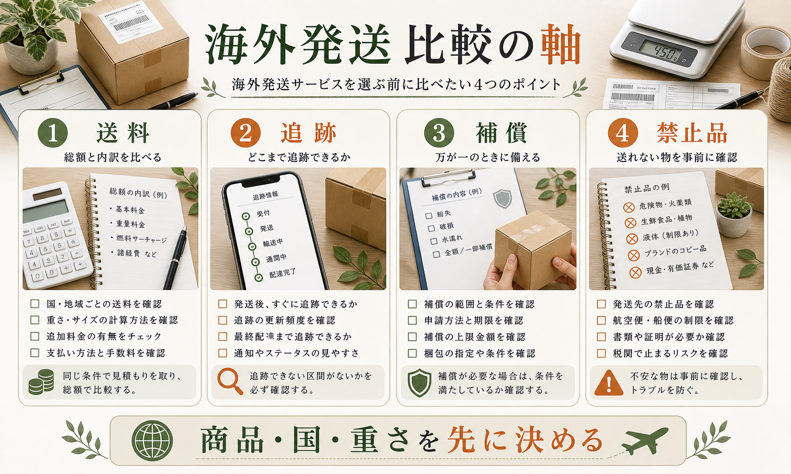 海外発送サービスの料金、追跡、補償を比較する図解